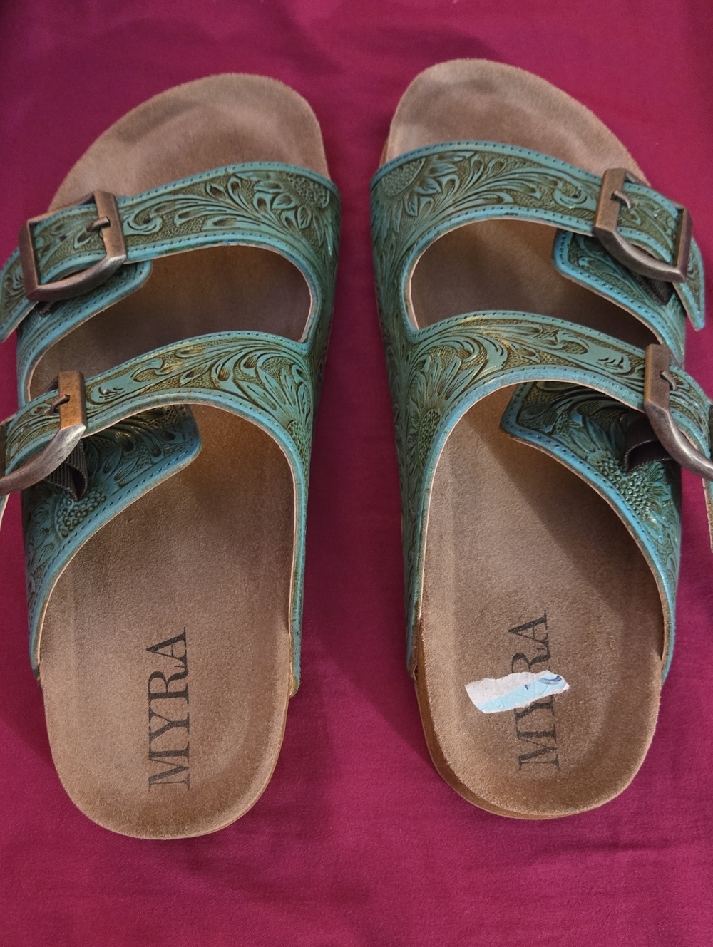 Myra Leather Teal/turquoise Embossed Double-Buckle Slide Sandals for Women
